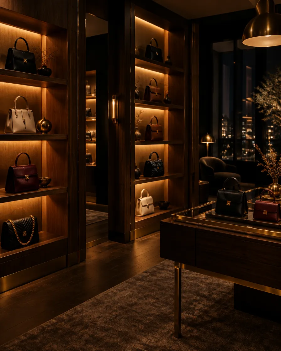 A dimly lit luxury handbag boutique with backlit wood shelving